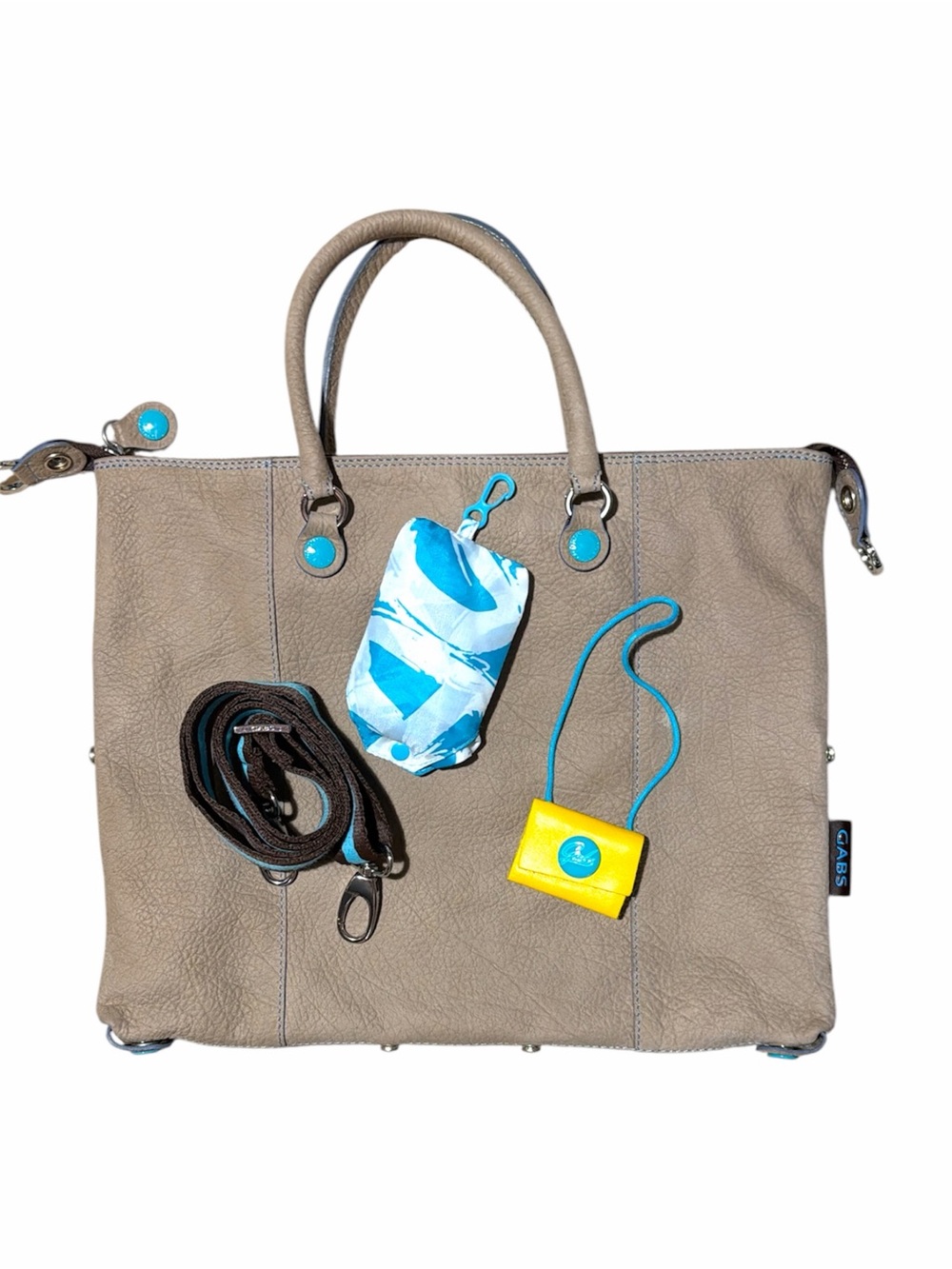 GABS Taupe Leather Tote with Teal and Brown Stripped Strap